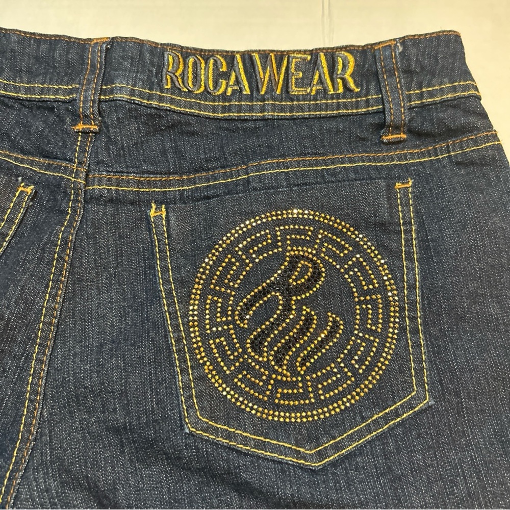 ROCAWEAR Straight Leg Mid-Rise Dark Rinse Blue Jeans Gold Y2K Bling Size 14